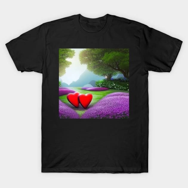 Valentine Wall Art - Hearts in a sunny glade - Unique Valentine Fantasy Garden Landsape - Photo print, canvas, artboard print, Canvas Print and T shirt T-Shirt by DigillusionStudio